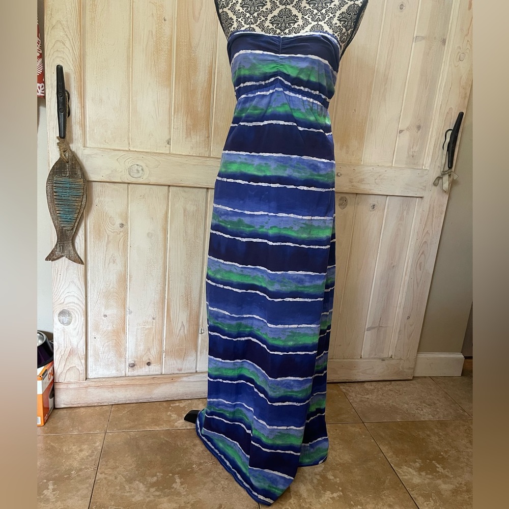 Tommy Bahama Strapless Maxi Dress Smocked Top Size S/P Green Blue Stripe…